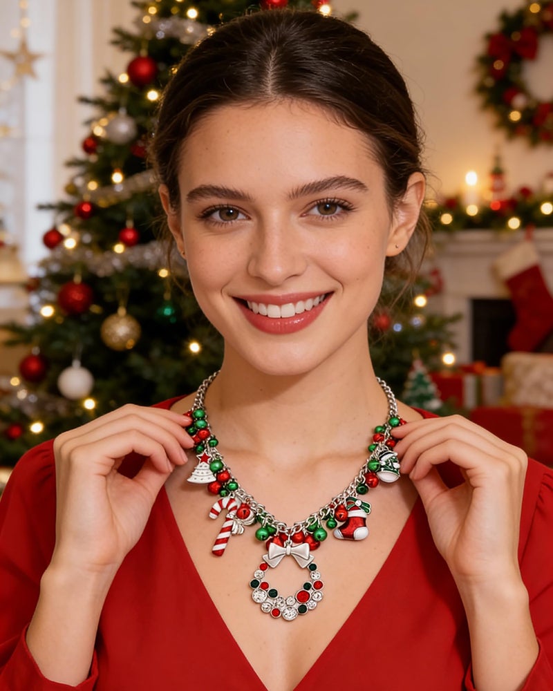 NLCAC Christmas Jingle Bell Necklace Women Christmas Ornament Bib Statement Necklace Xmas Gift Jewelry (Silver) - Image 2